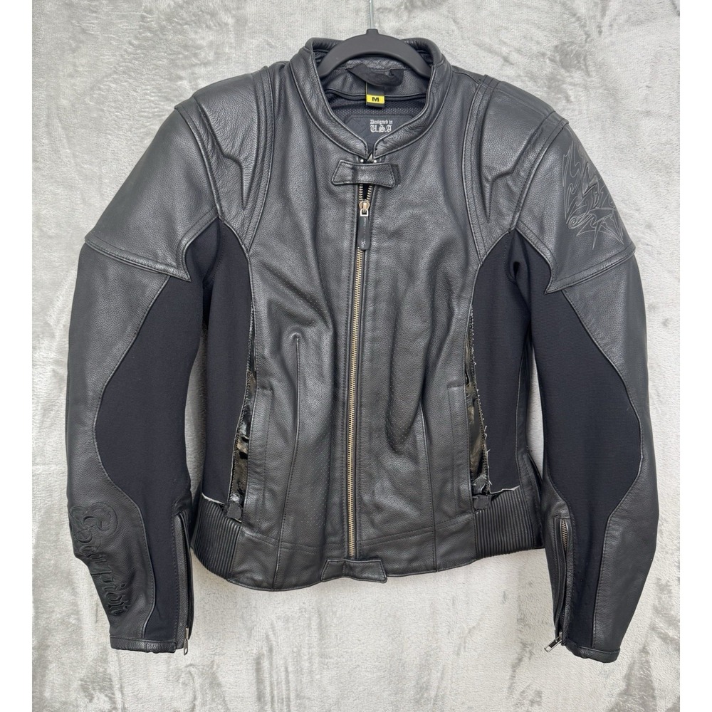 Scorpion Exo Black Leather Armored Riding Jacket Womens Medium Biker Get Stung